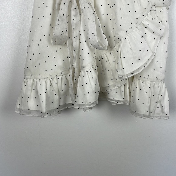 Super down short sleeve black white polka dot ruffle hem lined wrap mini dress - Picture 3 of 11